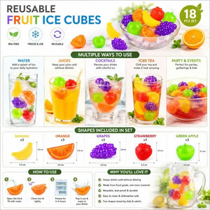 18 PCS Reusable Fruit-Shaped Ice Cubes Set – Colorful Cooling Cubes for Drinks