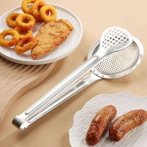 2 in 1 Filter Spoon with Tongs – Stainless Steel Strainer & Food Serving Clip for Frying and Cooking
