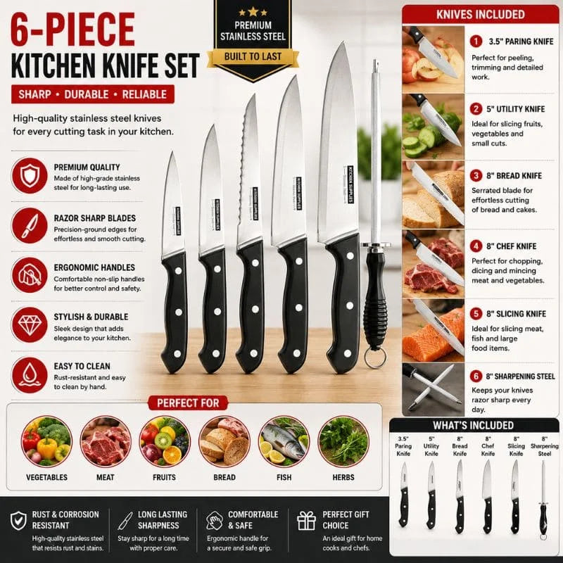 6-Piece Stainless Steel Kitchen Knife Set with Sharpener – Multi-Purpose Chef Knife Collection