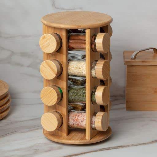 Bamboo Spice Rack Organizer 12 Jar Rotating Kitchen Spice Stand with Glass Jars