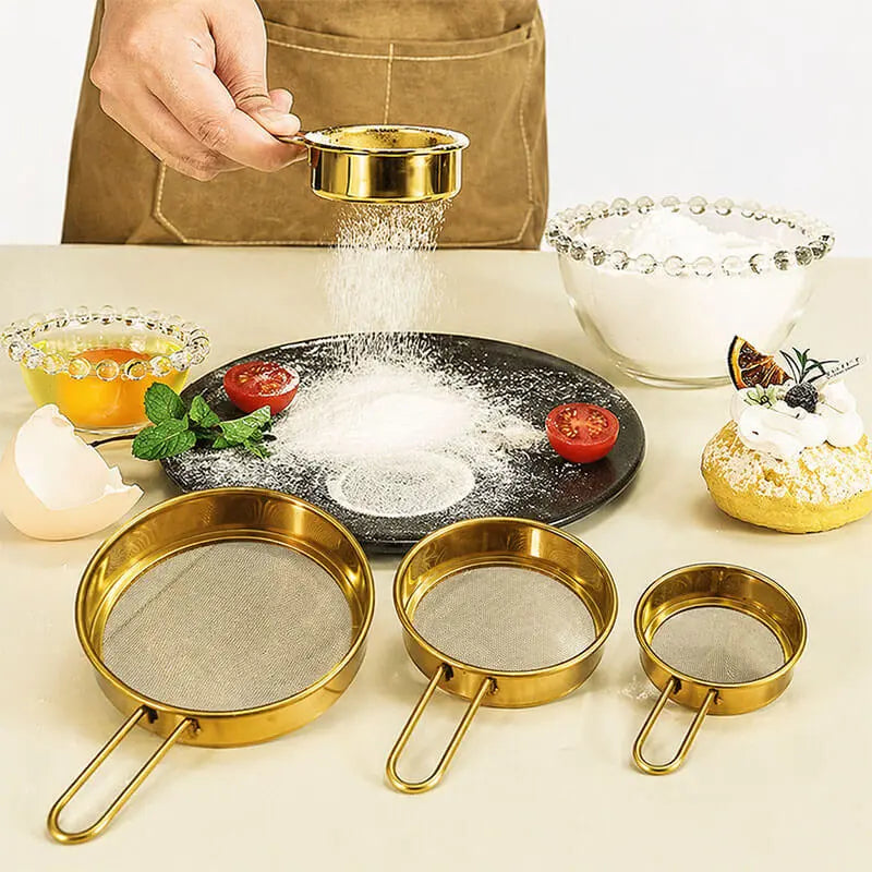 Gold Stainless Steel Flour Sieve Set – 3PCS Mini Handheld Baking Sifters (Multi-Size)