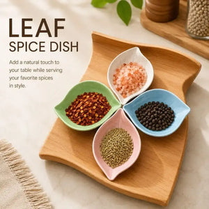 Leaf Shape Ceramic Spice Dish Set with Wooden Tray – Multipurpose Serving Bowls for Salt, Pepper & Snacks