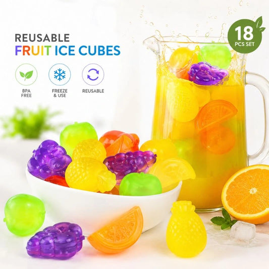 18 PCS Reusable Fruit-Shaped Ice Cubes Set – Colorful Cooling Cubes for Drinks