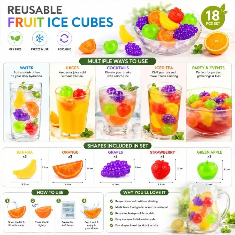 18 PCS Reusable Fruit-Shaped Ice Cubes Set – Colorful Cooling Cubes for Drinks