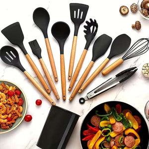 12PCS Silicone Kitchen Utensil Set with Wooden Handles Heat Resistant Non-Stick Cooking Tools