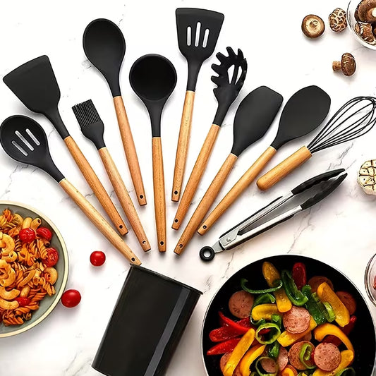 12PCS Silicone Kitchen Utensil Set with Wooden Handles Heat Resistant Non-Stick Cooking Tools