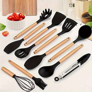 12PCS Silicone Kitchen Utensil Set with Wooden Handles Heat Resistant Non-Stick Cooking Tools