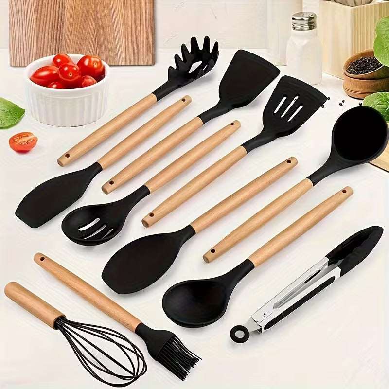 12PCS Silicone Kitchen Utensil Set with Wooden Handles Heat Resistant Non-Stick Cooking Tools