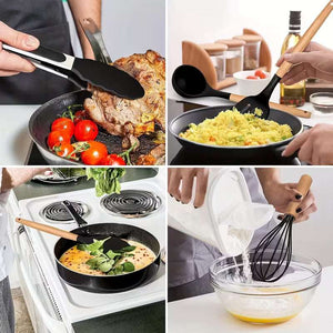 12PCS Silicone Kitchen Utensil Set with Wooden Handles Heat Resistant Non-Stick Cooking Tools