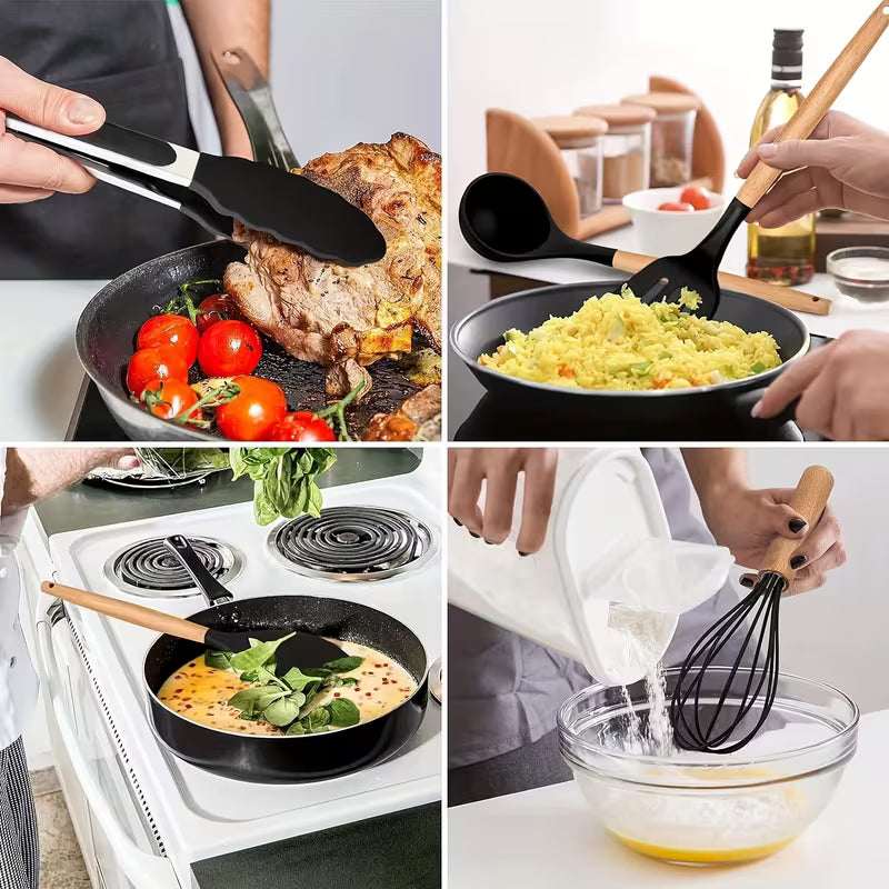 12PCS Silicone Kitchen Utensil Set with Wooden Handles Heat Resistant Non-Stick Cooking Tools