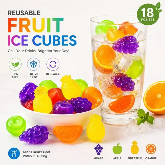 18 PCS Reusable Fruit-Shaped Ice Cubes Set – Colorful Cooling Cubes for Drinks