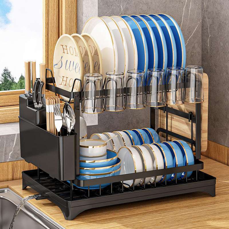 2-Tier Dish Rack with Drain Tray – Kitchen Drying Stand – WeHome