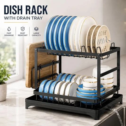 2-Tier Dish Rack with Drain Tray – Heavy-Duty Kitchen Drying Stand