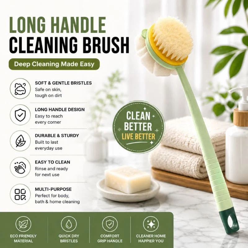 2-in-1 Long Handle Bath Brush – Double-Sided Soft Bristle Back Scrubber & Bath Loofah for Deep Cleaning