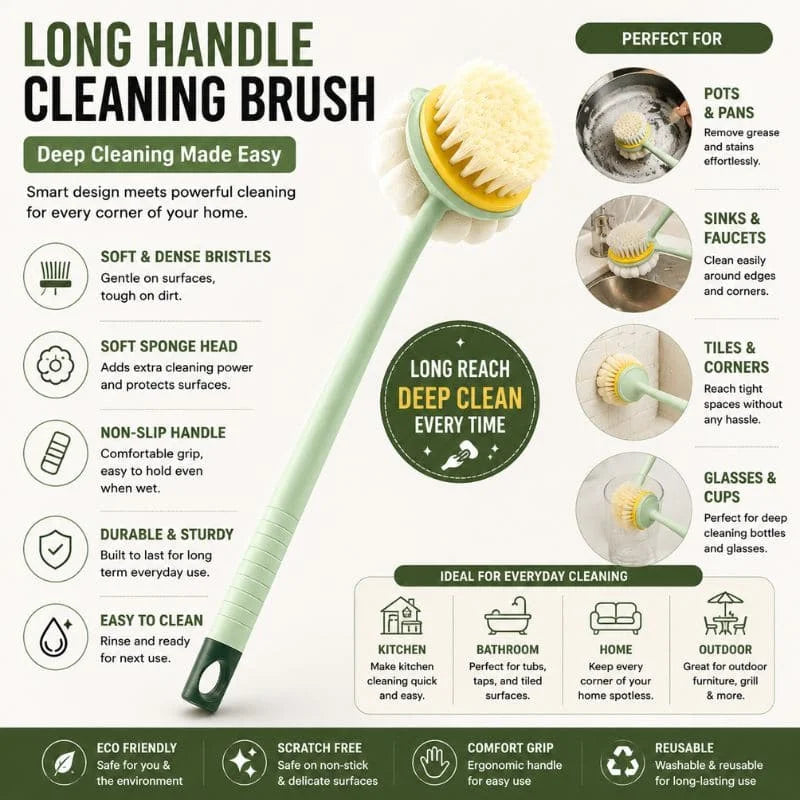 2-in-1 Long Handle Bath Brush – Double-Sided Soft Bristle Back Scrubber & Bath Loofah for Deep Cleaning