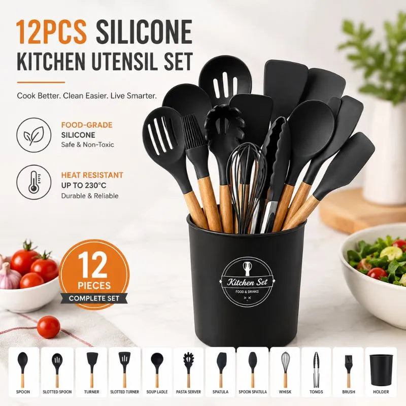 12PCS Silicone Kitchen Utensil Set with Wooden Handles Heat Resistant Non-Stick Cooking Tools