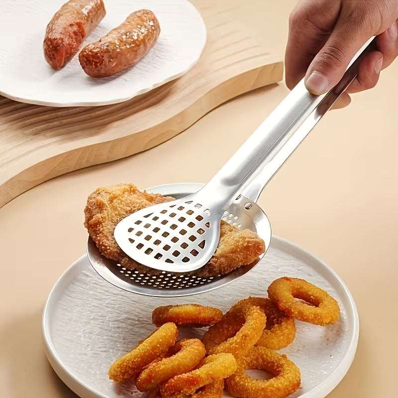 2 in 1 Filter Spoon with Tongs – Stainless Steel Strainer & Food Serving Clip for Frying and Cooking