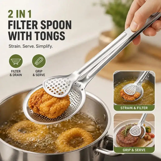 2 in 1 Filter Spoon with Tongs – Stainless Steel Strainer & Food Serving Clip for Frying and Cooking