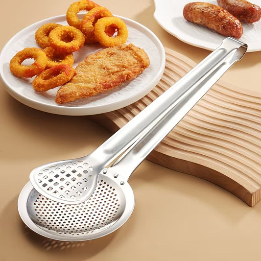 2 in 1 Filter Spoon with Tongs – Stainless Steel Strainer & Food Serving Clip for Frying and Cooking