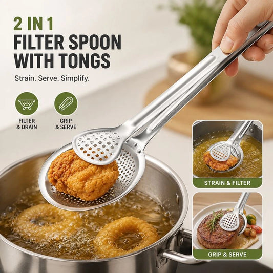 2 in 1 Filter Spoon with Tongs – Stainless Steel Strainer & Food Serving Clip for Frying and Cooking