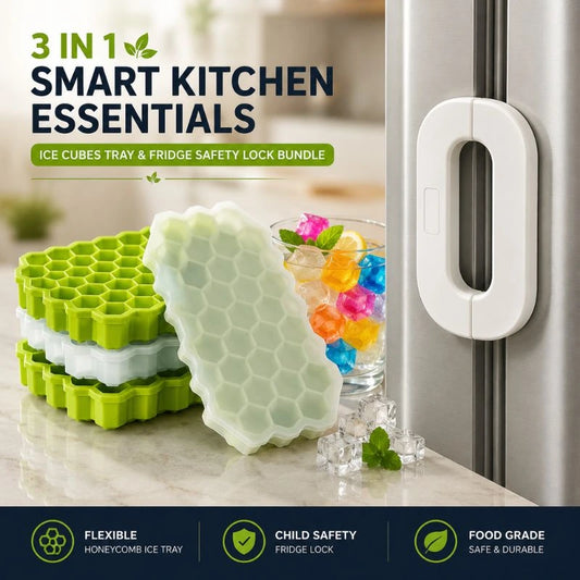 3 in 1 Smart Kitchen Essentials Ice Cubes Tray & Fridge Safety Lock Bundle