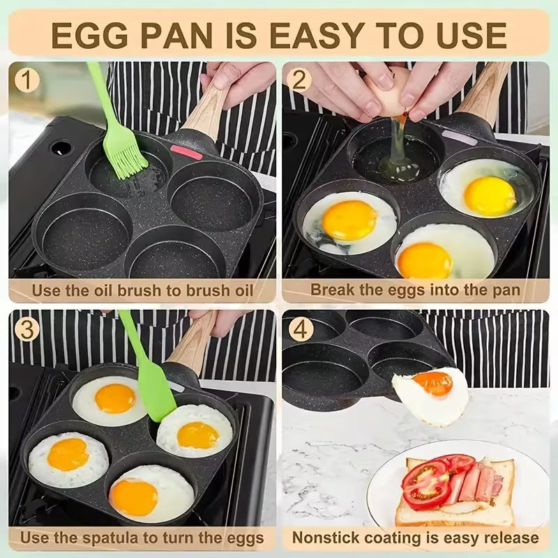 4-Hole Non-Stick Frying Pan with Wooden Handle