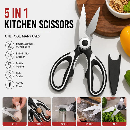 5 in 1 Multi Functional Kitchen Scissors Stainless Steel Heavy Duty Food Shears