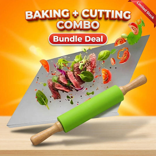 Baking & Cutting Combo – Stainless Steel Chopping Board + Silicone Rolling Pin
