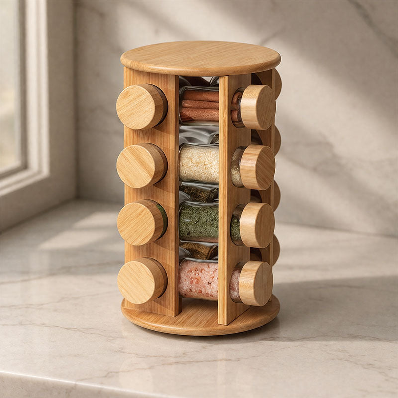 Bamboo Spice Rack Organizer 12 Jar Rotating Kitchen Spice Stand with Glass Jars