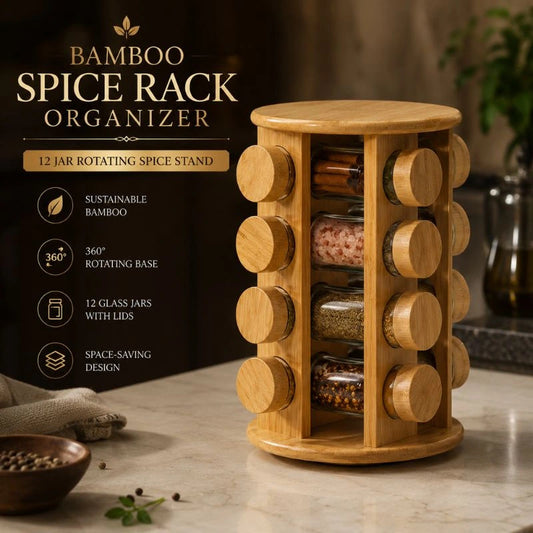 Bamboo Spice Rack Organizer 12 Jar Rotating Kitchen Spice Stand with Glass Jars