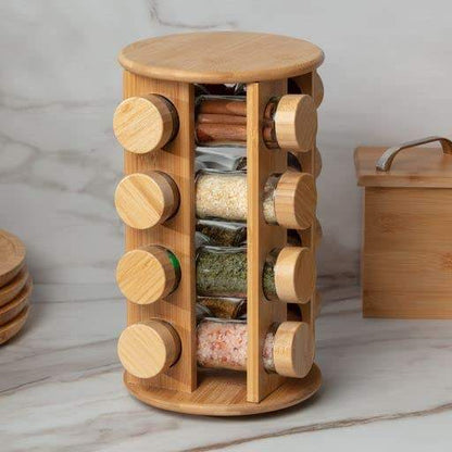 Bamboo Spice Rack Organizer 12 Jar Rotating Kitchen Spice Stand with Glass Jars