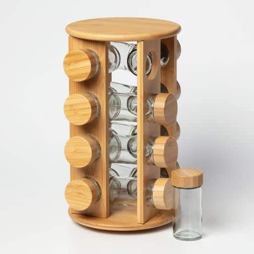 Bamboo Spice Rack Organizer 12 Jar Rotating Kitchen Spice Stand with Glass Jars