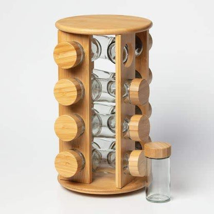 Bamboo Spice Rack Organizer 12 Jar Rotating Kitchen Spice Stand with Glass Jars