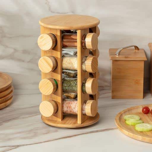 Bamboo Spice Rack Organizer 12 Jar Rotating Kitchen Spice Stand with Glass Jars
