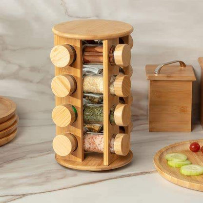 Bamboo Spice Rack Organizer 12 Jar Rotating Kitchen Spice Stand with Glass Jars