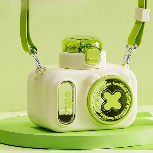 Cute Camera Water Bottle for Kids with Straw & Strap