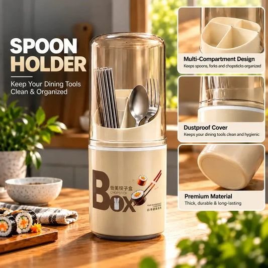 Dustproof Spoon Holder and Chopstick Holder with Transparent Cover Multi Compartment Cutlery Organizer for Kitchen and Dining Table