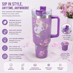 Floral Vacuum Insulated Travel Tumbler – 304 Stainless Steel Hot & Cold Mug – close-up detail
