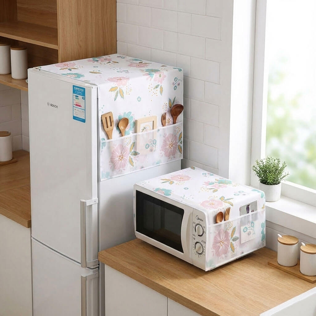Fridge + Microwave Oven Cover Top with Storage Pockets – Dustproof & Washable