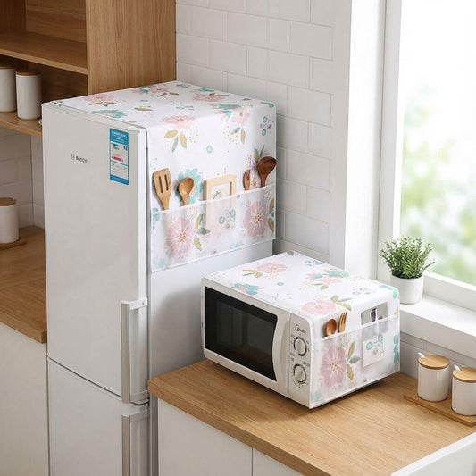 Fridge + Microwave Oven Cover Top with Storage Pockets – Dustproof & Washable
