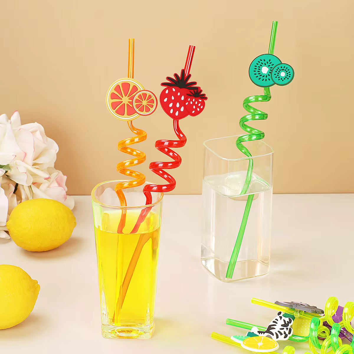 Fruit Shape Curved Straws Reusable Cute Cartoon Drinking Straws for Kids Party