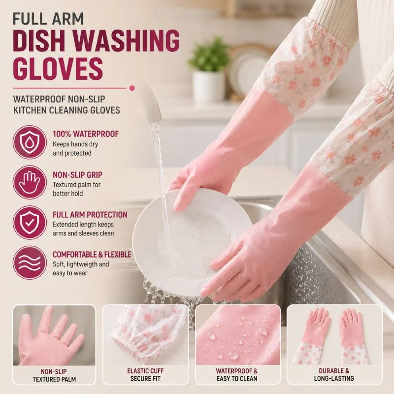Full Arm Dish Washing Gloves Waterproof Non-Slip Kitchen Cleaning Gloves