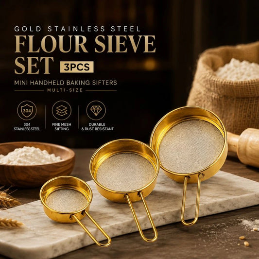 Gold Stainless Steel Flour Sieve Set – 3PCS Mini Handheld Baking Sifters (Multi-Size)