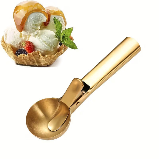 Golden Stainless Steel Ice Cream Scoop – Dual-Purpose Scoop & Digging Spoon for Desserts