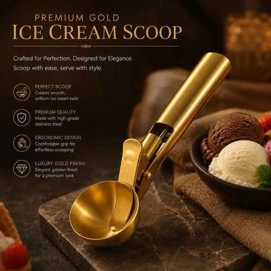 Golden Stainless Steel Ice Cream Scoop – Dual-Purpose Scoop & Digging Spoon for Desserts