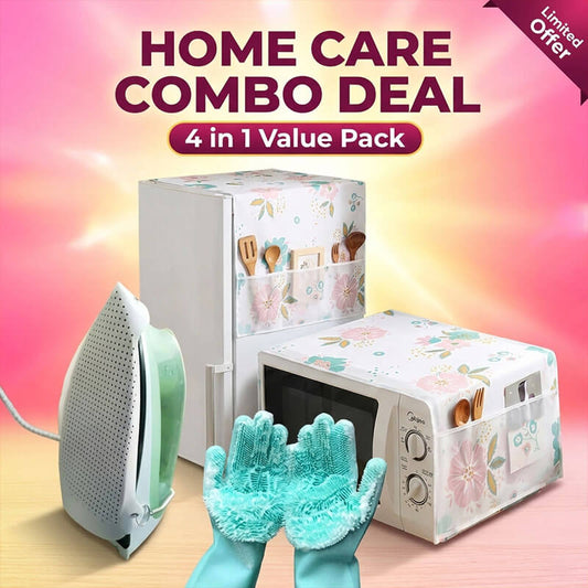 Home Care 4 in 1 Kitchen Protection Combo – Iron Cover, Fridge Cover, Oven Cover & Silicone Washing Gloves