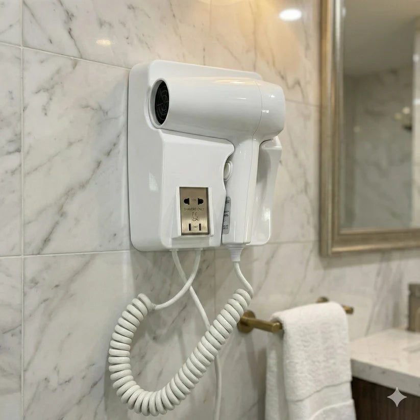 1600W Wall Mount Electric Hair Dryer with Shaver Socket – Powerful, Safe & Space-Saving Solution