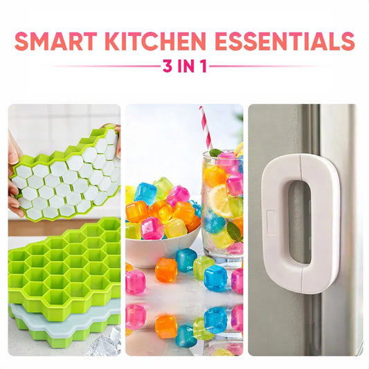 3 in 1 Smart Kitchen Essentials Ice Cubes Tray & Fridge Safety Lock Bundle