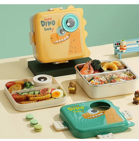 Kids Lunch Box 304 Stainless Steel 3 Compartment Bento Box Dinosaur Cartoon Design