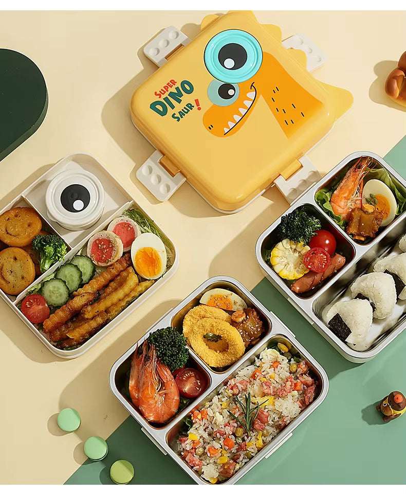Kids Lunch Box 304 Stainless Steel 3 Compartment Bento Box Dinosaur Cartoon Design